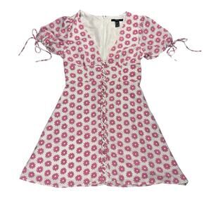 Sz S Pink White Floral Lace Up Mini Dress Milkmaid Romantic Prairie Coquette